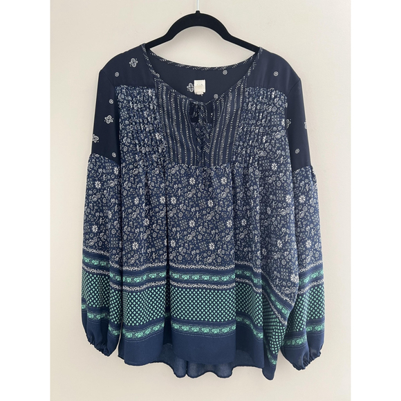 GAP Blouse Womens Medium Blue Floral Boho Peasant Long Sleeve Coastal Preppy - Picture 1 of 11